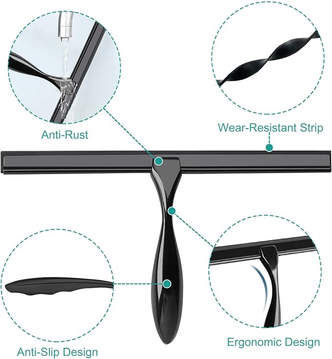 Shower Squeegee for Glass Doors,12-Inch Shower Glass Squeegee, Matte Black Shower Squeegee for Shower Doors,Mirror,Windows, with Shower Door Hook and Adhesive Hook