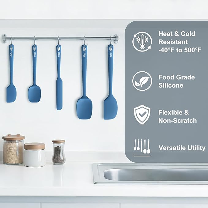 Redfly Silicone Spatula Set, 5 Piece Food Grade Silicone Cooking Utensils Set, Rubber Spatula Heat Resistant Nonstick for Baking, Cooking, Kitchen Utensils Dishwasher Safe Blue