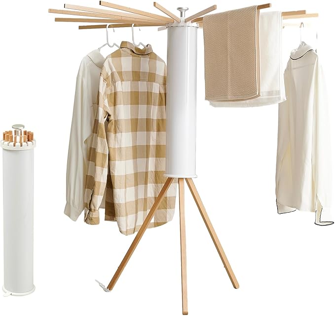 RFOUO Foldable Clothes Drying Rack Tripod with Wooden 16 Rods | Portable，Space-Saving Freestanding Drying Rack for Indoor Outdoor, Apartment, Bedroom, Laundry Room