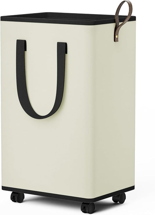 SpaceTrove Rolling Laundry Basket with Wheels, Laundry Hamper, 80L, Cream | Collapsible, 4 detachable wheels including 2 with brakes, sturdy handle, metal frame, for dorms, bathrooms and bedrooms