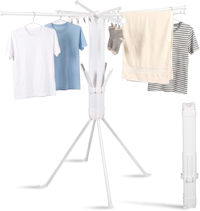 Foldable Four-Legged Clothes Drying Rack Extendable with 16 Clips | Collapsible Laundry Space-Saving Portable Clothing Rack for Indoor Balcony Camping Outdoor Use