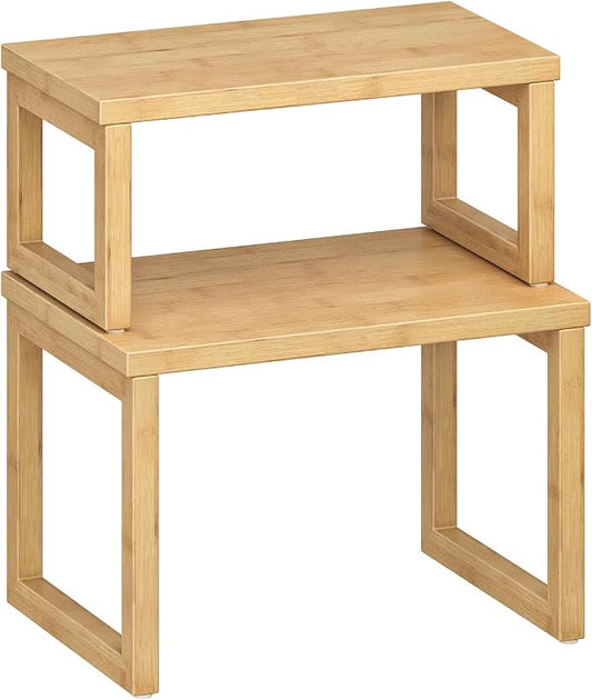 HOOBRO Cabinet Organizer Shelf, Set of 2 Kitchen Counter Shelves, Expandable Kitchen Storage, Stackable Bamboo Spice Rack, for Kitchen, Countertop, Office Desk, Living Room, Natural YL20TL01