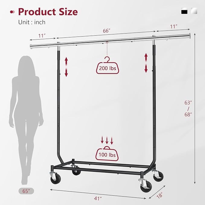 Tajsoon Collapsible Clothes Racks with Wheels, Metal Clothing Rack and Height Adjustable, Heavy Duty Foldable Garment Rack Load 300 LBS, Commercial Rolling Racks for Bedroom, Living Room, Store, Black