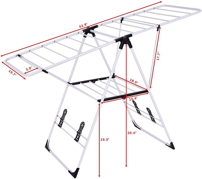 GOFLAME Steel Clothes Drying Rack with Adjustable Wings, Foldable Gullwing Collapsible Laundry Drying Rack with Shoe Holder and Shelves, Space Saving Drying Rack for Underwear, Socks, Pants