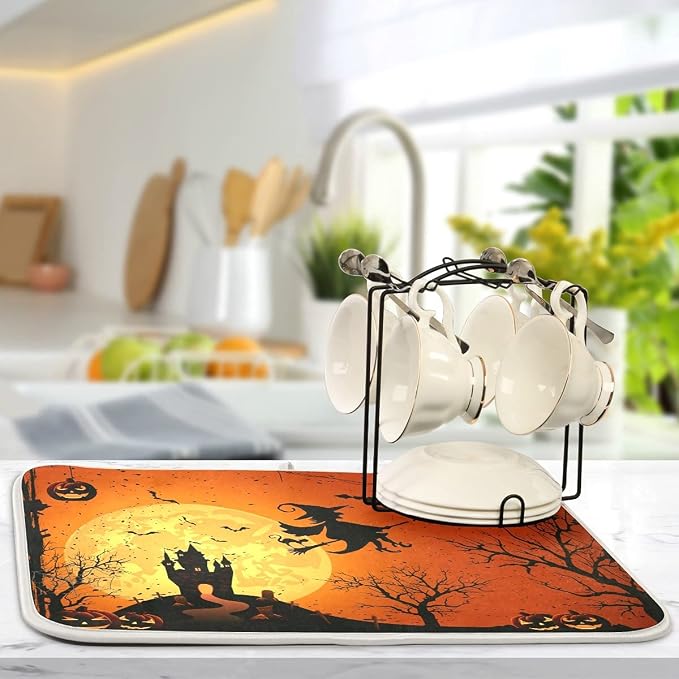 Happy Halloween Fall Pumpkin Witch Dish Drying Mat 16x18 for Kitchen Counter Spooky Castle Bats Trick or Treat Reversible Dishes Draining Mats Medium Absorbent Fast Dry Pad Halloween Accessories