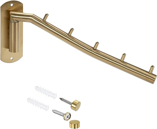 Sumnacon Stainless Steel Clothes Hanger Rack-Wall Mount Garment Hook with Swing Arm, Sturdy Coat Robe Storage Organizer for Laundry Room Bedrooms Clothing Drying Rack with 5 Hooks, Gold