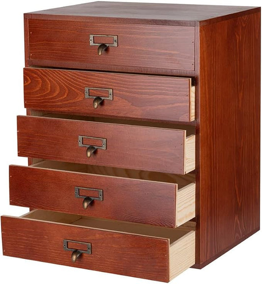 GoooodGIFT Wooden Drawers Large Wooden Box with Drawer, Brown | 5 Drawer Wood Storage Box , Vintage Desktop Organizer with Drawers, Desk Organizers for Library Card Catalog Cabinet