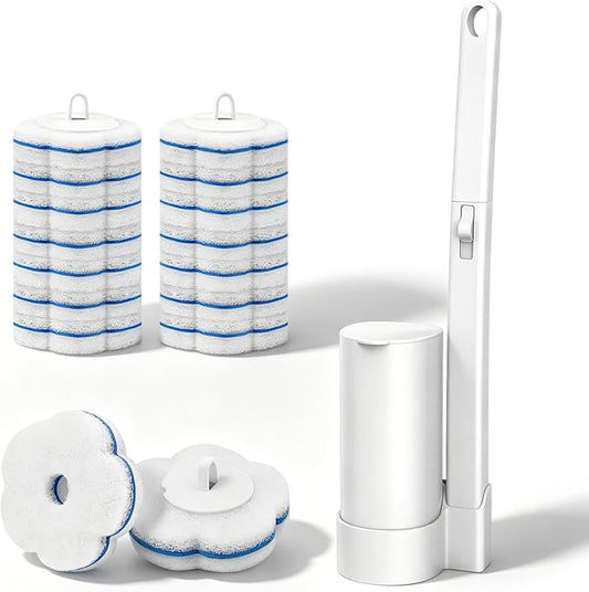 SetSail Disposable Toilet Brush, Wall Mount Toilet Brush with Holder Set Contains 16 Replacement Toilet Bowl Cleaner Wand Long Handled Toilet Kit Flip Top Toilet Brush for Bathroom Cleaning, White