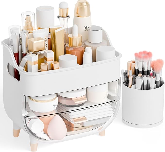 Yieach Countertop Makeup Organizers with Drawers,Handle and Make up Brush Holder,Large Makeup Skincare Organizer for Bathroom Vanity,Cosmetic Display Cases for Hair Tool,Lotion,Skin Care Storage,White