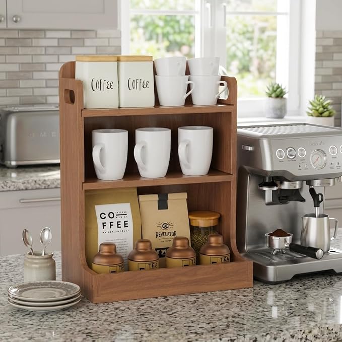 Solid Wood Matcha & Coffee Station Organizer, 3-Tier Countertop Mug Holder | Full Back Panel Thick Wood Construction, Built-in Side Handles, 3 Spacious Shelves Organize Mugs, Pods, Matcha, Tea, Spices