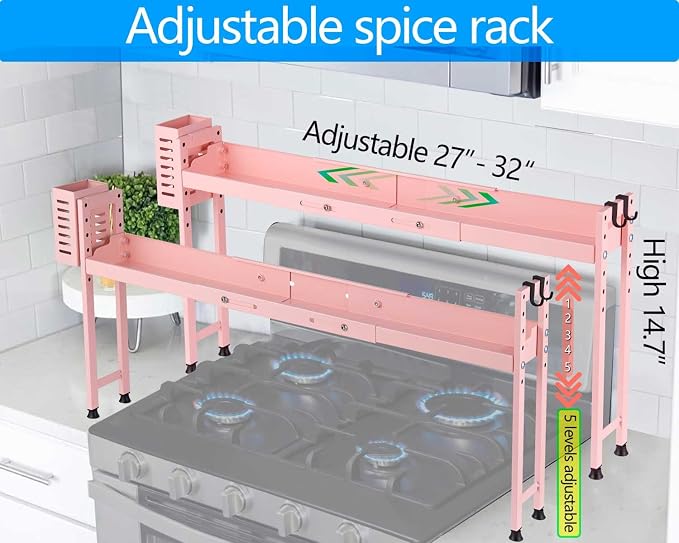 Horynar Over Stove Shelf Stove Top Organizer Shelf for Kitchen with Extra Basket and Hooks Adjustable 27 to 32 Inches Pink Over the Sink Spice Rack for Countertop (Pink)