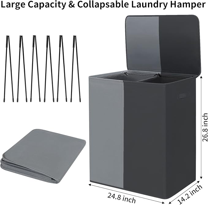 WOWLIVE Double Laundry Hamper with Lid, 154L Large Laundry Basket Organizer | Collapsible Dirty Clothes Hamper 2 Section, with Removable Laundry Bags for Laundry Room, College Dorm, Black and Grey