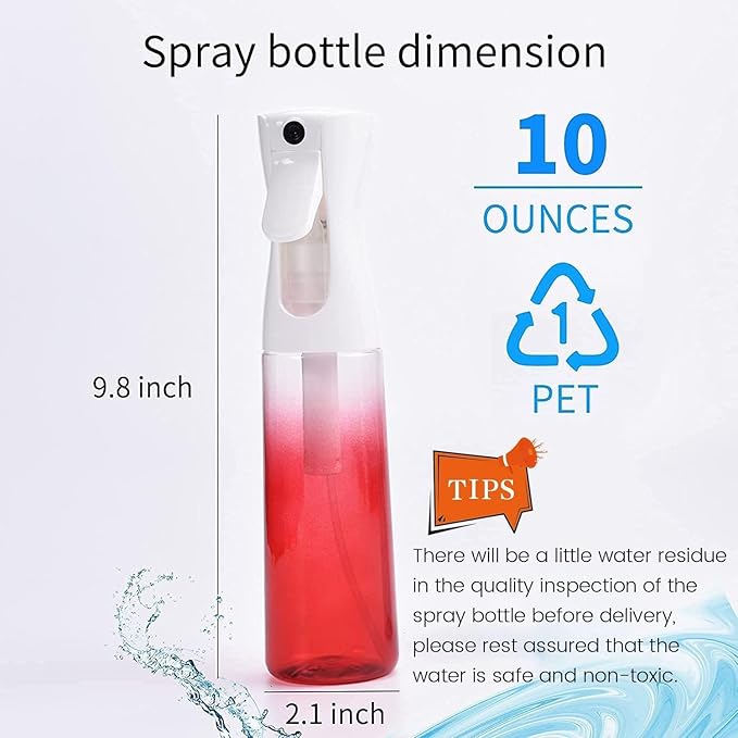 (2 Packs) Hair Spray Bottles, Continuous Water Mister Spray Bottle Empty for Hairstyling, Skin Care, Cleaning and Plant Spraying, 300ml/ 10 Oz (RED+BLUE)