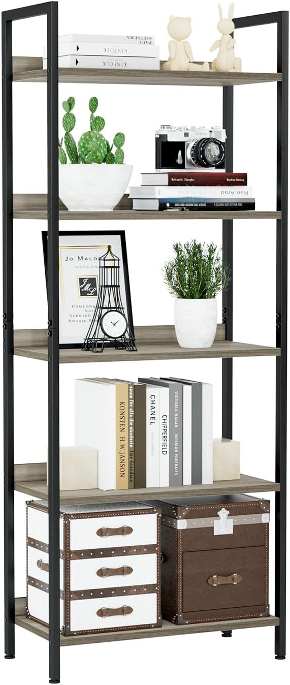 NUMENN Bookshelf, 5 Tier Freestanding Shelving Unit, Grey | Metal Frame & Wood Shelves, Falling Prevention Baffle, Open Storage Bookcase for Bedroom, Living Room & Home Office