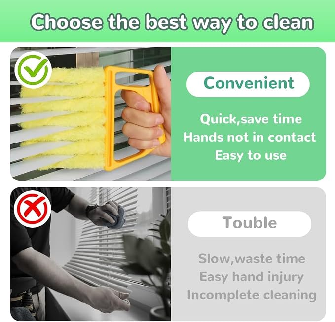 Window Blind Cleaner Duster Tool, 7 Finger Scrub Brush with Washable Microfiber Sleeves, Color Coded Cleaning Kit for Mini Vertical Blinds, Air Conditioner Vents and Fans