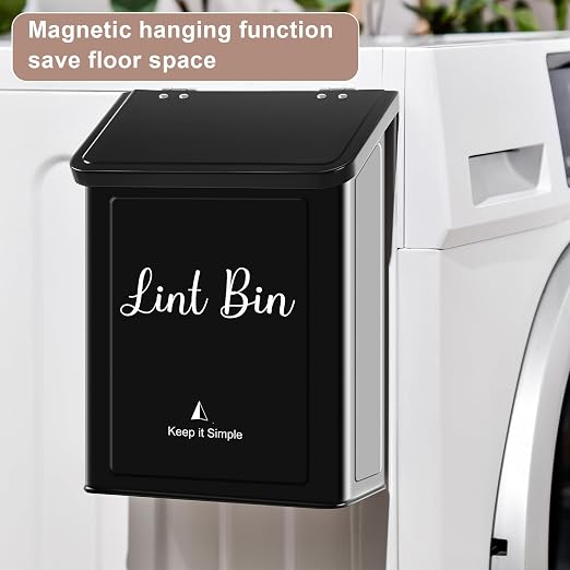 SUBEKYU Magnetic Lint Bin for Laundry Room Organization and Storage,Black | Wall Mounted Metal Lint Box Holder Trash Can with Lid for Dryer,Lint Basket for Laundry Room Decor