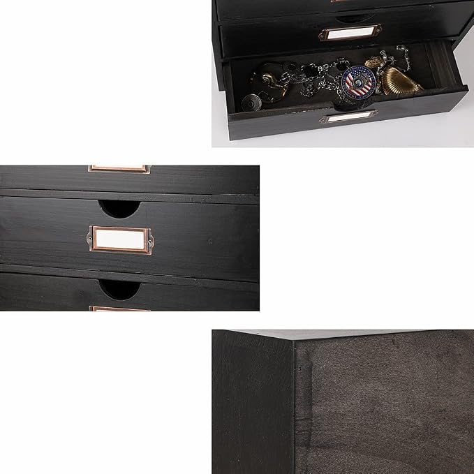Large Wooden Drawers Wooden Box with Drawer Black | 4 Drawer Storage Box for Apothecary Cabinet, Apothecary Drawers，Desktop Organizer with Metal Handles for Office，Home