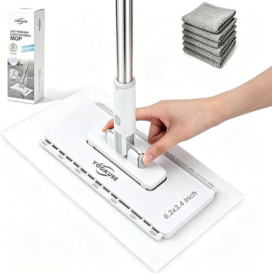 Pawnexa Mop,Clamp Mop,Hands Free Multi Purpose Flat Mops with Squeegee,Shark Tooth Grip for Any Cloth,Dry and Wet Use,Cleaning Mops for Whole House(40”Handle,6 Cloths)