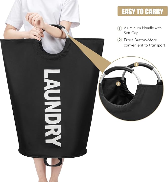 Maxsilan 90L Large Laundry Basket Bag, Collapsible Tall Hamper, Black | Freestanding tall laundry bag & foldable washing basket. Large capacity clothes storage bin with durable sturdy handles