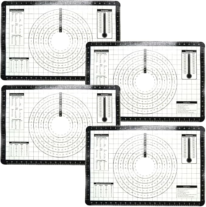 4 Pack Full Size 24.5"x16.4" Silicone Baking Mat with Measurements for Oven Baking 450F (Black), Non-Stick Food Safe Dough Pie Fondant Oven Liner, Extra Thick 0.7MM 24GA
