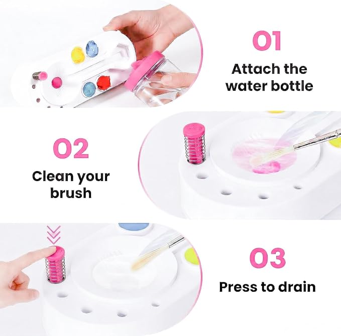 2026 Upgraded Paint Brush Cleaner Tool, Painting Station with Brush Washer for Kids, Acrylic Watercolor Paint Water Dispenser, Art Supplies Paintbrush Rinser for Artists (Pink)