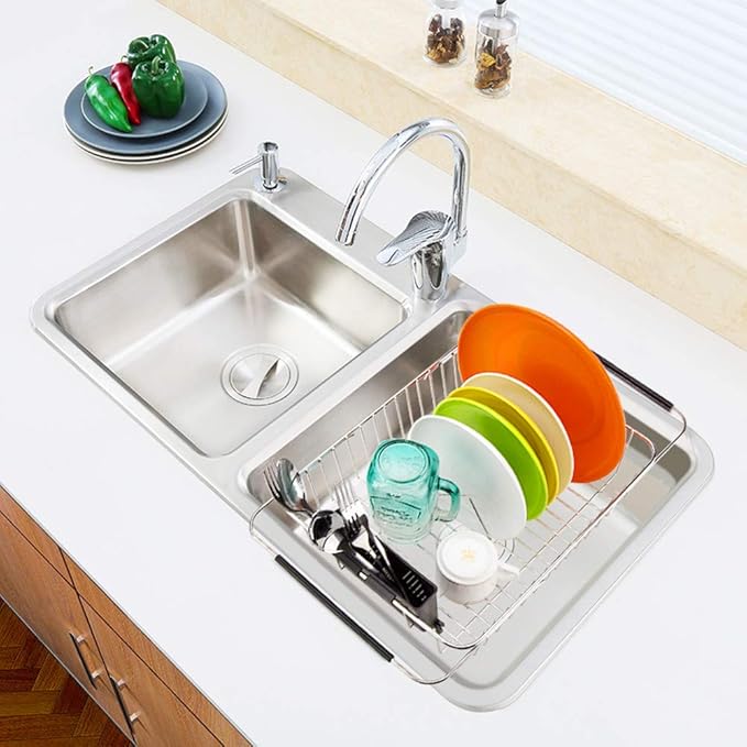 SANNO Expandable Dish Drying Rack Over the Sink Dish Drainer Dish Rack in Sink or On Counter with Utensil Silverware Storage Holder, Rustproof Stainless Steel