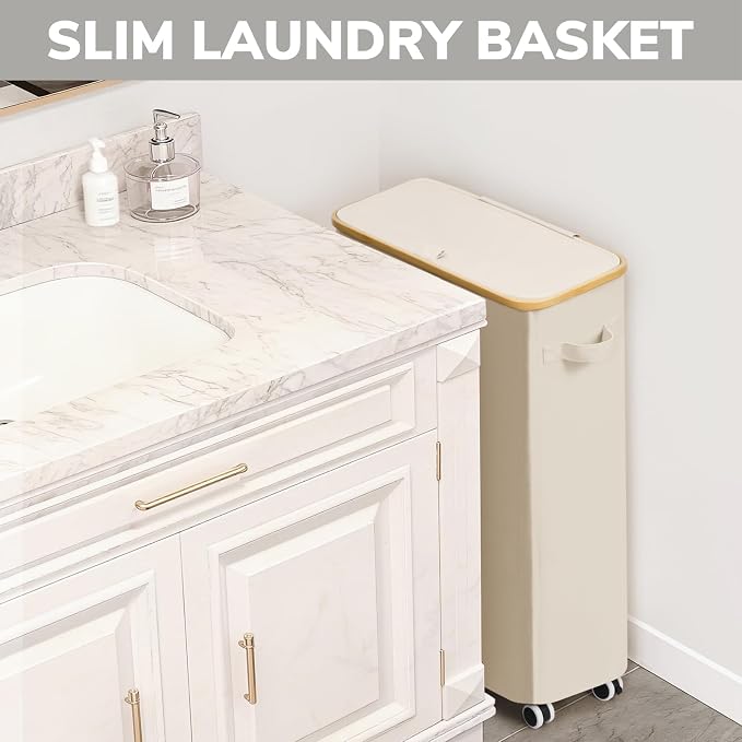 Goodpick 75L Slim Rolling Laundry Hamper with Lid, Beige | 17 × 9.8 × 29.5 in, Removable Laundry Bag, Handles, Dorm, Bathroom & Bedroom Organization, Dirty Clothes Storage
