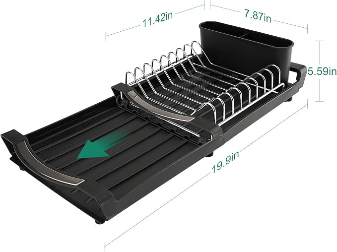 Dish Drying Rack - A Compact, Space-Saving Stainless Steel Rust-Resistant Dish Drainer Specifically Designed for Kitchen and Apartment Countertops/Sink Cabinets,11.42 to 19.9 Inches (Black)
