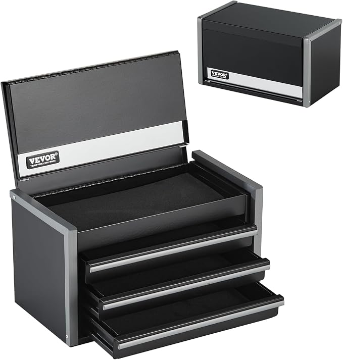 VEVOR Metal Tool Box, 8.6-inch, Portable Metal Tool Box with 3 Drawers, Small Tool Chest with EVA Liners and PP Feet Pads, Heavy-Duty Steel With Ball Bearing Opening and Powder Coated Finish, Black