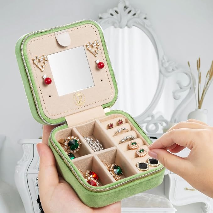 ZPROW Plush Velvet Travel Jewelry Case, Travel Jewelry Organizer, Jewelry Travel Case, Travel Jewelry Box, Small Jewelry Case, Jewelry Travel Box, Earring Organizer with Mirror - LightGreen