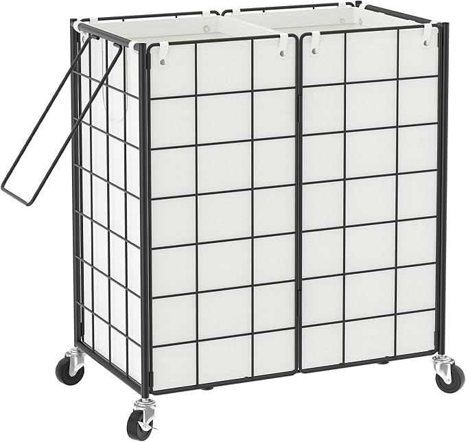 WOWLIVE Double Laundry Hamper with Wheels, Metal Rolling Laundry Basket | Wire Frame Hamper with 2 Removable Bags, 120L Dirty Clothes Hamper Organizer Dorm Room Storage for Bedroom, Black and White