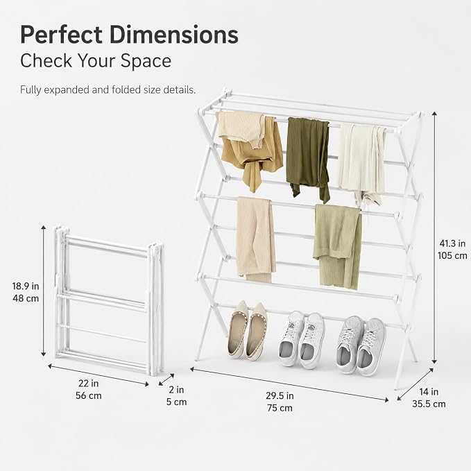 Drying Racks 3 Tier Expandable Clothes Airer Collapsible Clothes Drying Rack, Space-Saving Laundry, Hanging Clothes Indoors & Outdoors, Lightweight, Compact, Folds Away for Convenient Storage,White