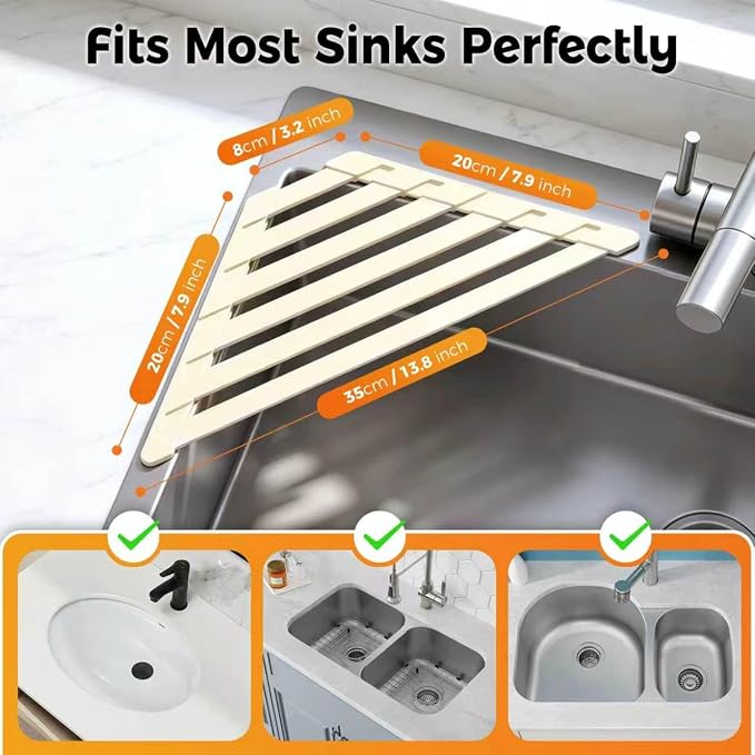 Sink Corner Drying Rack - Foldable Triangular Sink Sponge Holder, Dish Drying Rack Over the Sink, Kitchen Sink Accessories (White, 13.78" x 7.87")