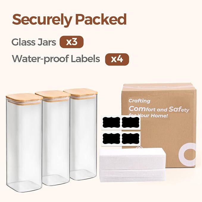 ComSaf Glass Spaghetti Pasta Storage Containers with Lids 2.2 Qt Set of 3, Tall Clear Airtight Food Storage Jar with Lid for Noodles Flour Oat Cereal Sugar Beans, Square Spaghetti Pantry Containers