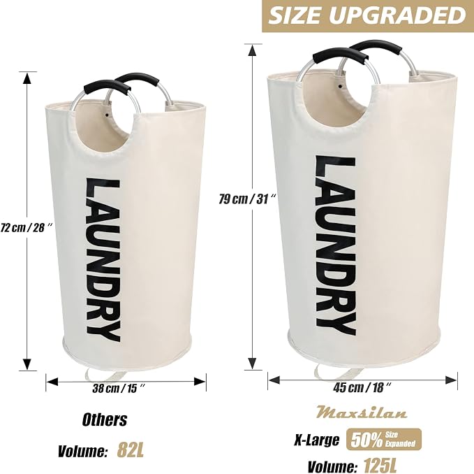 Maxsilan 125L X-Large Laundry Basket Bag, Collapsible Tall Hamper, Beige | Freestanding tall laundry bag & foldable washing basket. Extra large clothes storage bin with durable sturdy handles