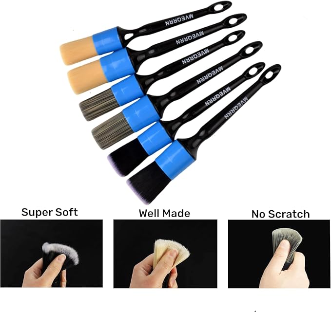 MVEQRRN 6pcs Car Detailing Brush Set,Boars Hair Detail Brushes(Blue) | Ultra Soft Car Detailing Brushes for Air Vents,Leather Seats,No Scratch Auto Detailing Brushes for Interior Exterior