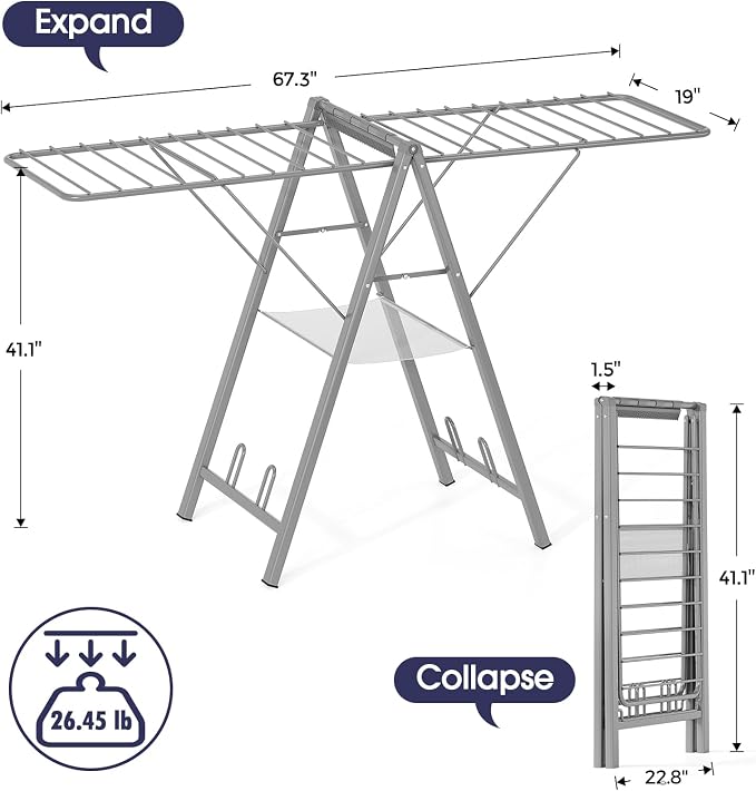 APEXCHASER Clothes Drying Rack, 67.7" L Height Adjustable, Foldable, Grey | 1.5"Folded, No Assembly, Space-Saving, Spacious Design, Adjustable Wings, Clips, Mesh Shelf, Shoe Rack, Indoor & Outdoor Use