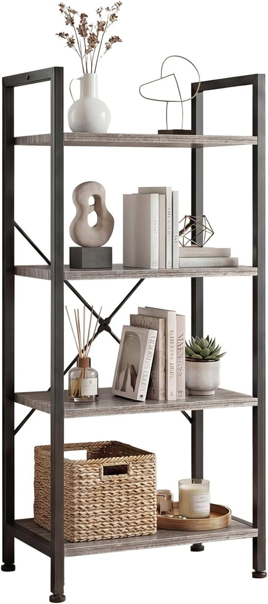 DUMOS 4 Tiers Open Bookshelf, Classic Freestanding Tall Display Shelf, Multifunctional Storage Organizer Rack for Living Room Home Office, Sturdy Bookcase for CDs/Books/Movies, Wood Grey