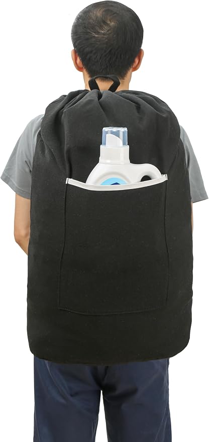 Canvas Laundry Bag, Laundry Backpack, Black, X-Large | Washable Laundry Collector,Thick Woven Adjustable Shoulder Straps,Large Front Pocket,Drawstring Closure,for College,Camping