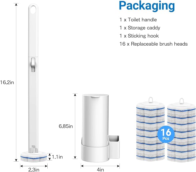 SetSail Disposable Toilet Brush, Wall Mount Toilet Brush with Holder Set Contains 16 Replacement Toilet Bowl Cleaner Wand Long Handled Toilet Kit Flip Top Toilet Brush for Bathroom Cleaning, White
