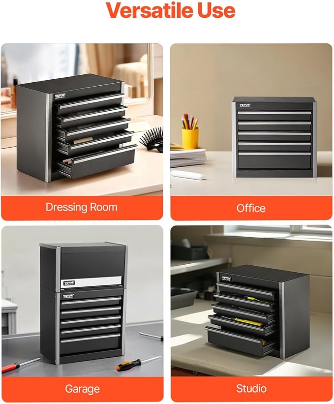 VEVOR Metal Tool Box, 8.6-inch, Portable Metal Tool Box with 5 Drawers, Small Tool Chest with EVA Liners and PP Feet Pads, Heavy-Duty Steel With Ball Bearing Opening and Powder Coated Finish, Black