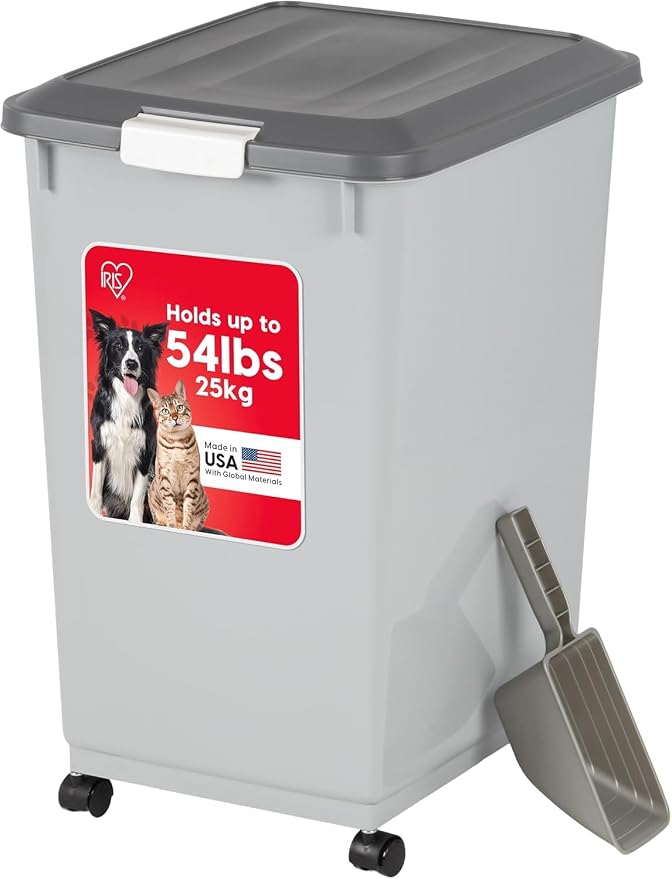 IRIS USA Dog Food Storage Container with Wheels, Airtight Lid, 2-Cup Scoop, Up to 54 Pounds Pet Food Storage, Built in Scoop Storage in Lid, Versatile Pet Food Bin, Portable, BPA Free, Gray/Dark Gray