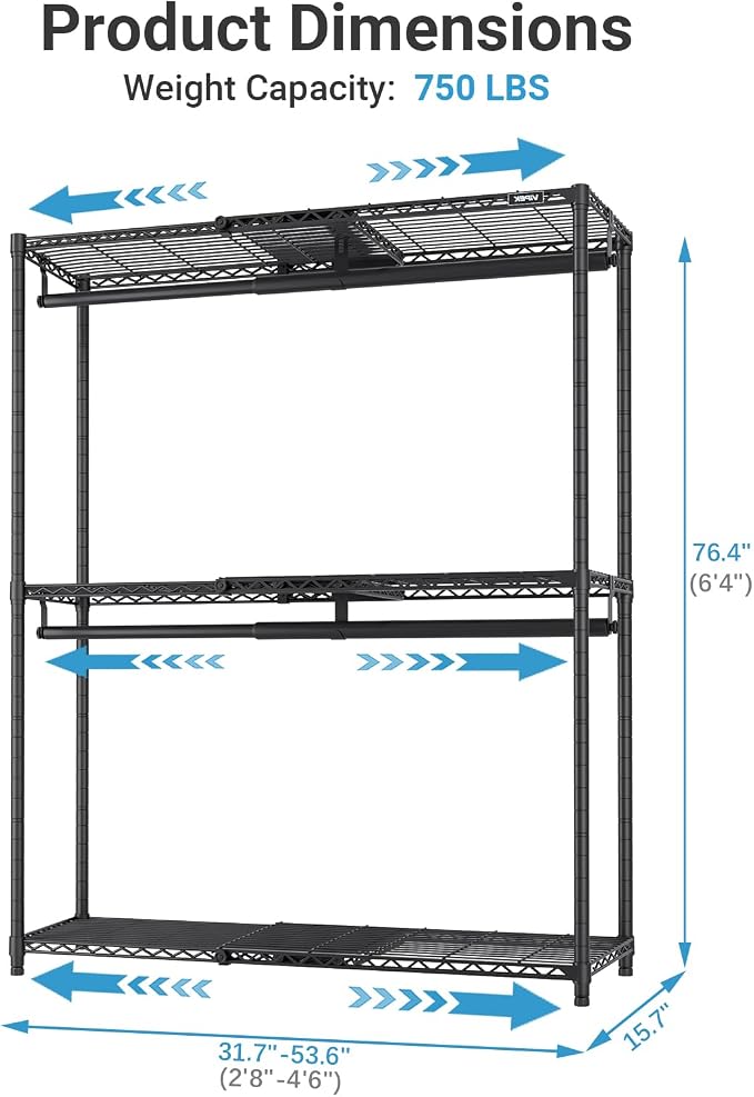 VIPEK X1 Plus Expandable Reach-in Closet Adjustable from 2'8" to 4'6" with Adjustable Shelves and Hanger Rods Clothes Rack Heavy Duty, Metal Clothing Racks Portable Walk-in Closet, Black
