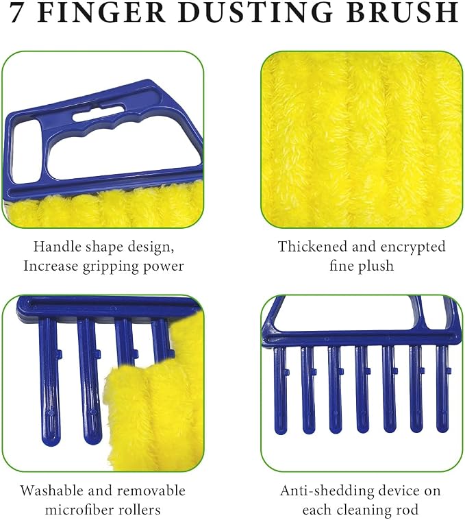 DXNQ 2 PCS Blind Cleaner Duster Tool, Window Venetian Hand-held 7 Finger Dusting Cleaner Brush, Blinds Cleaning Brush Tool for Window Shutters Air Conditioner, Car Accessories (Green)