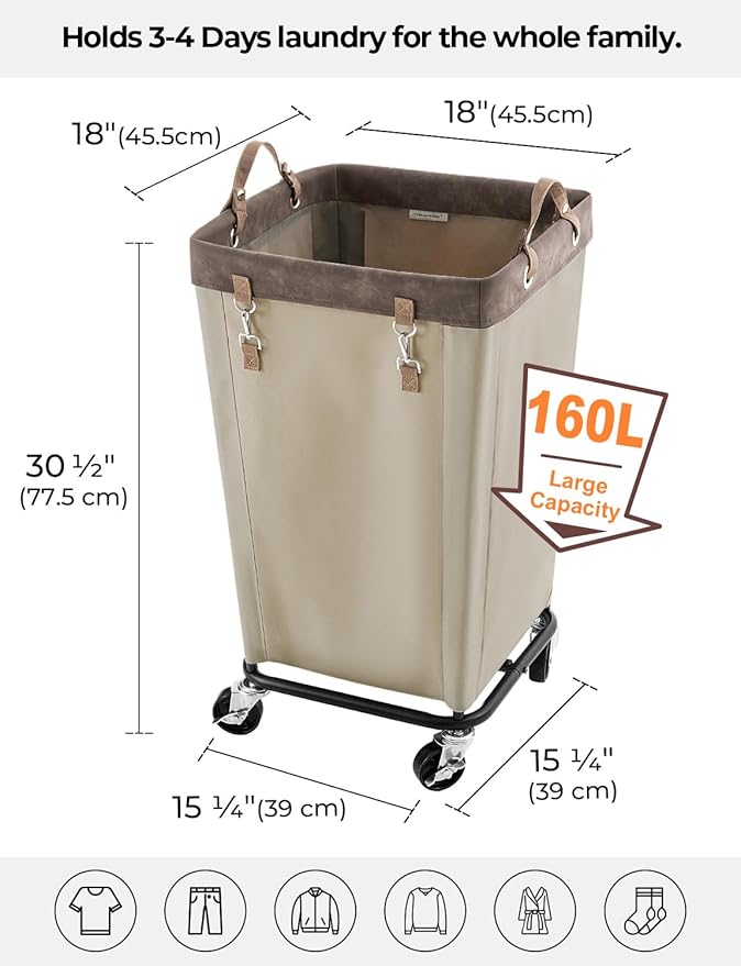 StorageWorks 160L Laundry Basket with Wheels, Rolling Hampers for Clothing
