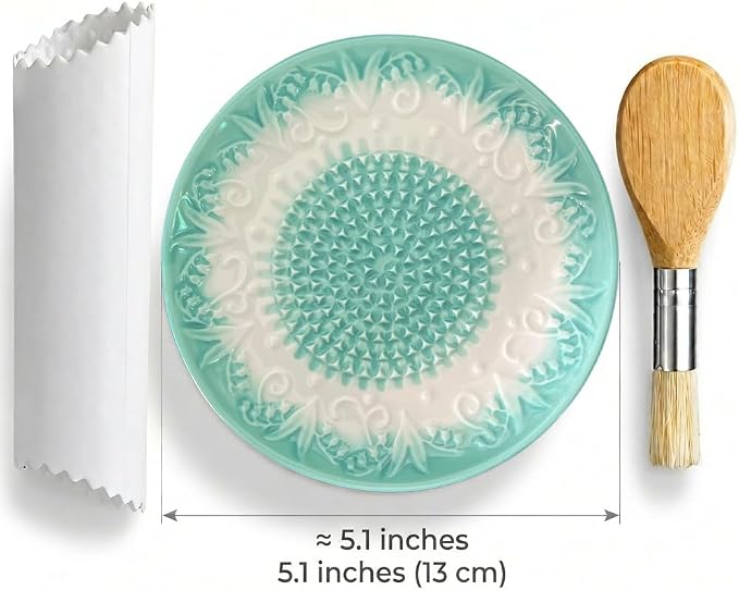 Handcrafted Ceramic Garlic Grater Plate 4-Pc Set, 5.12" Handmade Porcelain Grinding Dish with Wooden Boar Bristle Brush & Textured Silicone Peeler, Celadon Green Embossed Lily