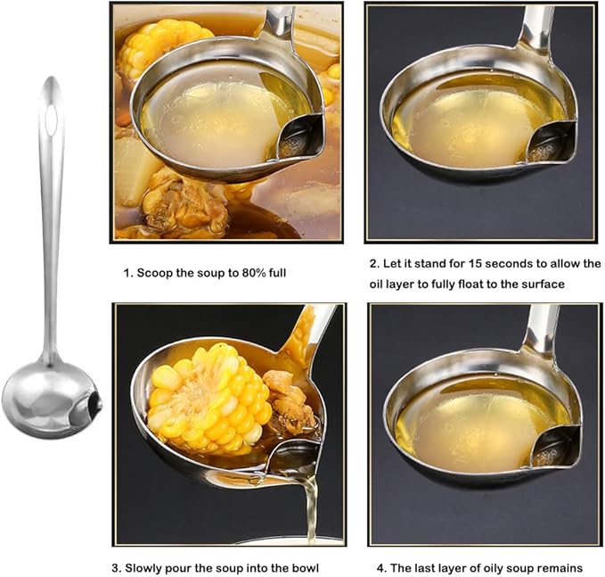 3 Pack Soup Ladle Fat Separator Stainless Steel Ladle with Pour Spout Oil Separator Soup Spoon Grease Strainer Serving Spoon Gravy Pouring Ladles for Soups Stocks Sauces Broth Drippings