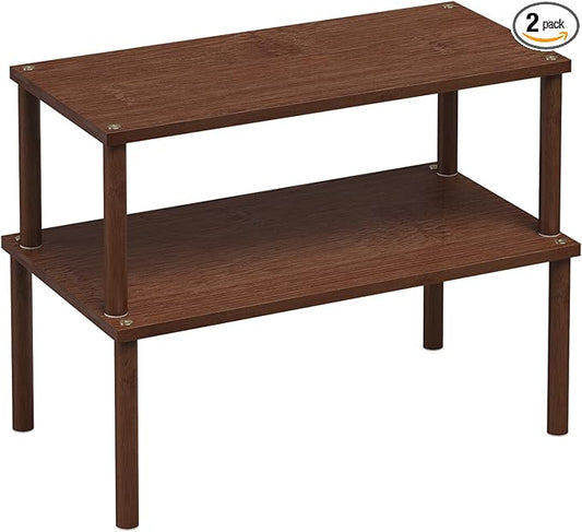 VERTORGAN Cabinet Organizer Shelf(Set of 2),Kitchen Counter Shelves,Bamboo Spice Rack Countertop and Cabinet,Stackable Expandable,Large(Brown)