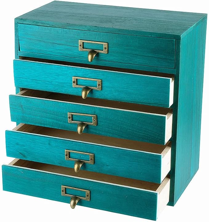GoooodGIFT Wooden Drawers Small Wooden Box with Drawer, Blue | 5 Drawer Wood Storage Box , Vintage Desktop Organizer with Drawers, Desk Organizers for Library Card Catalog Cabinet