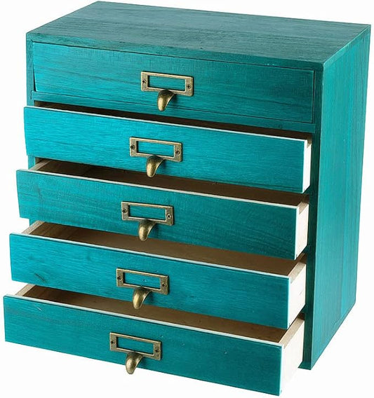 GoooodGIFT Wooden Drawers Small Wooden Box with Drawer, Blue | 5 Drawer Wood Storage Box , Vintage Desktop Organizer with Drawers, Desk Organizers for Library Card Catalog Cabinet